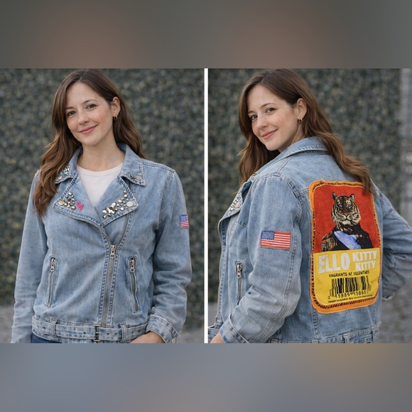 Customized Forever 21 Light Blue Studded Jean Jacket with Patches - Picture 1 of 11